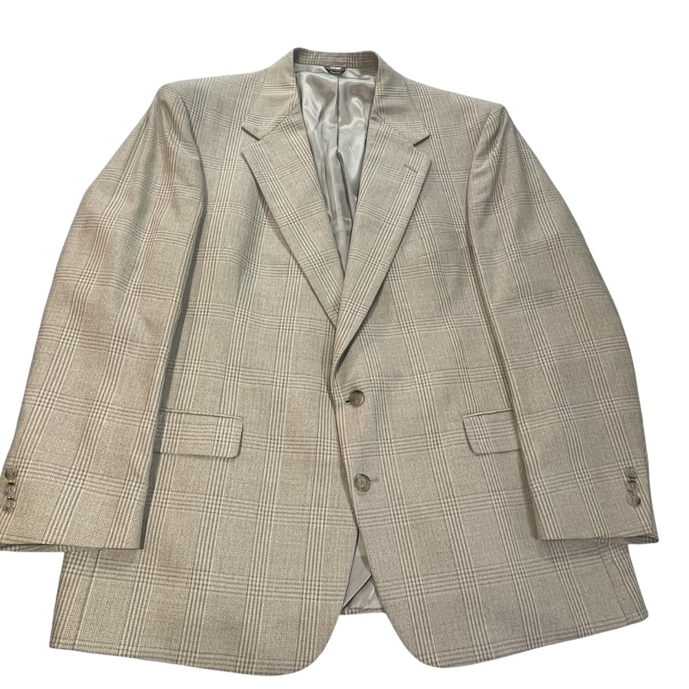 Stafford Executive Hartmarx Mens 48R Wool Silk Glen Plaid Blazer Sport Coat Tan